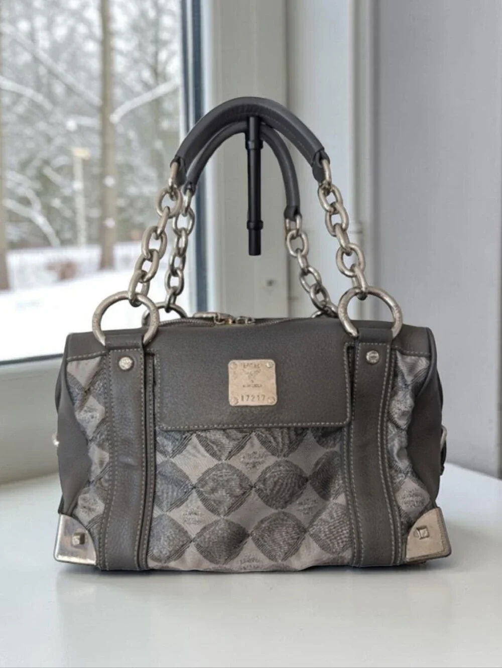 MCM Gray and Silver Harlequin Satchel with Dust Bag